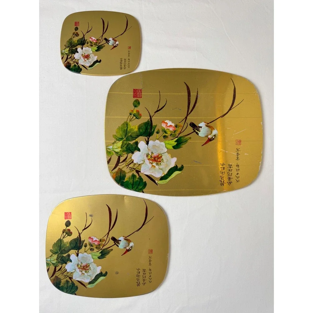 Vintage 3 Gold Chinoiserie Bird & Floral Nesting Placemats Hot‎ Pad Cork Back